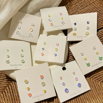 DAIIIBABYYY  -    Colorful Laser Heart Stud Earrings Set for Women Geometric Round Square Butterfly Korean Fashion Mini Earring Jewelry
